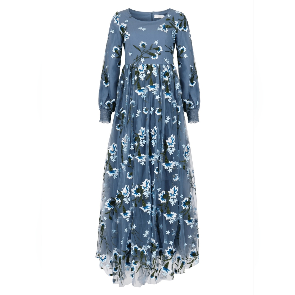 Blue Floral Embroidered Maxi Dress